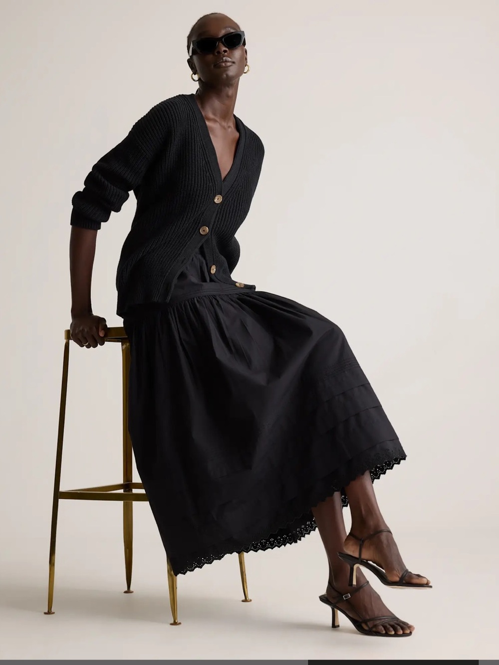 Quince 100% Organic Cotton Poplin Pintuck Maxi Skirt Black Eyelit Hem Lg NWT